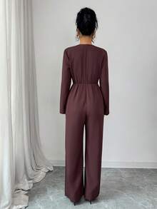 Selianne Women's Solid Color Criss-Cross Wrap Front Long Sleeve Elegant Jumpsuit - Brown - View 2