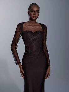 Elitara 优雅浪漫时尚的咖啡色蕾丝拼接弹力面料长袖褶皱装饰鱼尾裙摆长款连衣裙，明星同款，适合假日、生日派对、婚礼、伴娘、情人节等场合。 - 咖啡棕 - 查看 5