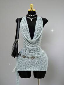 EgrlEra Váy ngắn hở lưng cổ khoét sâu ren gợi cảm thời trang dành cho nữ - Màu xanh Bạc hà - Xem 1