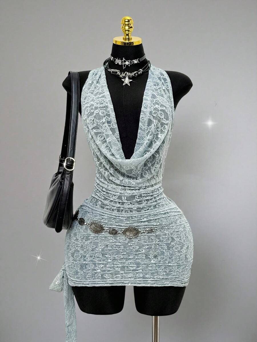 EgrlEra Váy ngắn hở lưng cổ khoét sâu ren gợi cảm thời trang dành cho nữ - Màu xanh Bạc hà - Xem 1