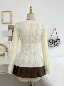 Elamini 女士秋冬长袖单排扣休闲复古针织开衫 - 米色 - 查看 2