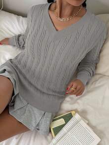 SHEIN 少女 V 领纯色宽松针织毛衣，简约设计，百搭，适合上学和秋冬季 - 灰色 - 查看 2