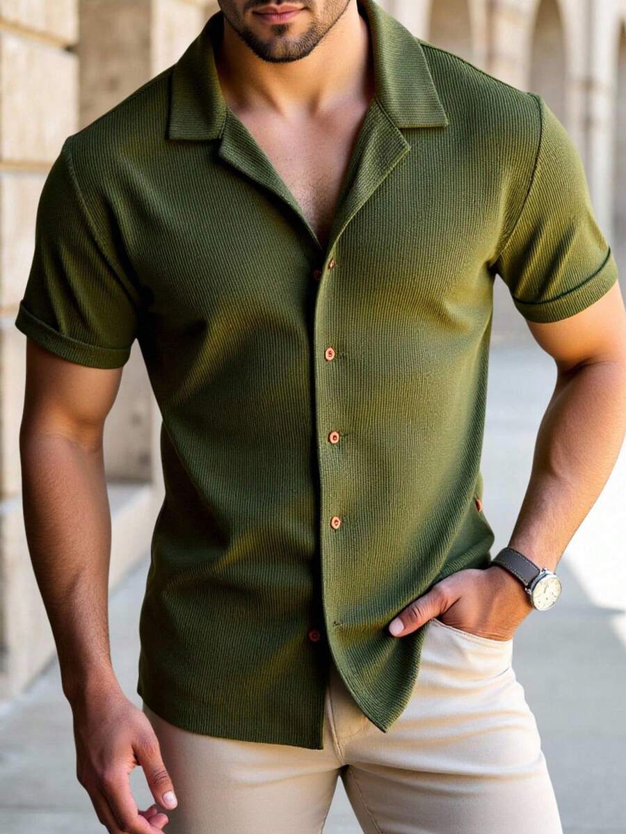 HIMLAND Men's Casual Slim Fit Textured Green Short Sleeve Shirt, Suitable For Outdoor, Home, Dating, Beach. Men's Short-Sleeved Single-Button Casual Shirt, Suitable For Outdoor, Home, Dating, Beach, Men Gifts, Old Money