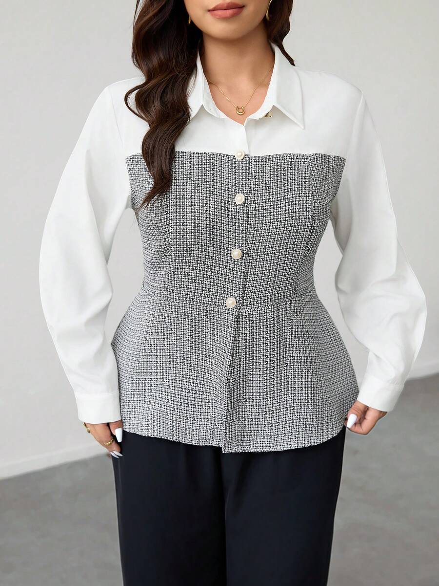 Firerie Plus Size Elegant Commuter Color Block Patchwork Shirt - Multicolor - View 1