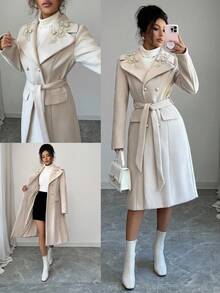 Elenzga Abrigo elegante de doble botonadura con cinturón, manga larga, cuello con solapa y decoración de aplicaciones para mujer, para otoño/invierno
