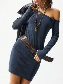 Bohemela Casual Solid Color Knit Asymmetric Collar Long Sleeve Fitted Washed Mini Dress For Women - Dark Grey - View 4