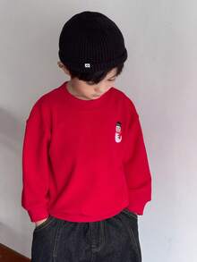 SHEIN 2件套女童圣诞刺绣图案保暖内衬休闲套头卫衣套装 - 紅白色 - 查看 4