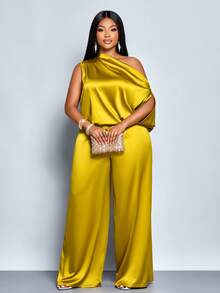 SOLERSUN Plus Size Women's Elegant Solid Color Asymmetric Neck Satin Jumpsuits,Suitable For Christmas Party Vacation & Dating,Fall And Winter,Sleeveless Asymmetrical Shoulder Loose Wide Leg Waist Cinched Long Jumpsuit With Ginger Colored Polyester Fabric, Shoulder Pleats Asymmetrical Cuffs, Lazy And Fashionable Party Clothing,Wedding Guest Jumpsuit,Halloween,
