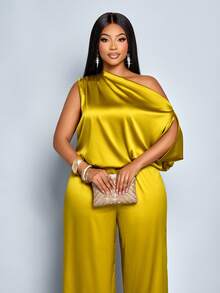 SOLERSUN Plus Size Women's Elegant Solid Color Asymmetric Neck Satin Jumpsuits,Suitable For Christmas Party Vacation & Dating,Fall And Winter,Sleeveless Asymmetrical Shoulder Loose Wide Leg Waist Cinched Long Jumpsuit With Ginger Colored Polyester Fabric, Shoulder Pleats Asymmetrical Cuffs, Lazy And Fashionable Party Clothing,Wedding Guest Jumpsuit,Halloween,