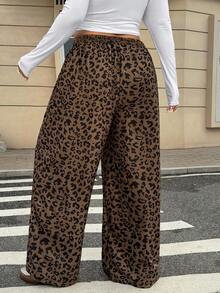 SHEIN PETITE CURVE Plus Size Loose Straight Leg Pants With Leopard Print, Casual, For Autumn/Winter Cheetah Women Wide - Brown - View 2