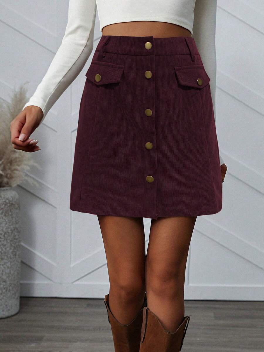 EMERY ROSE Women's Casual Commuting Simple Solid Color Lantern Sleeve Button Fly Short Skirt - Burgundy - View 1