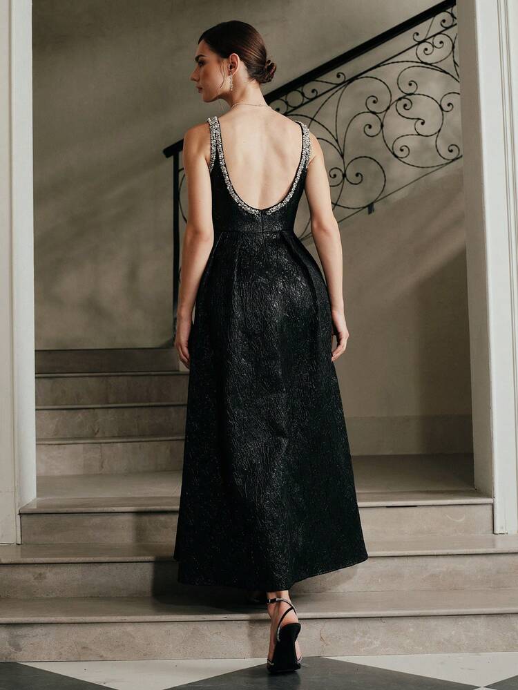 Party & Banquet Pearl & Rhinestone Decor Textured Sleeveless Backless A-Line Dress For Women