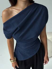 Aloruh New Stylish Versatile Gray One-Shoulder Ruched Decor Fitted Short Sleeve Blouse - Navy Blue - View 6