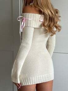 SHEIN EZwear Women's Off-Shoulder Long Sleeve Tie-Up Fitted Knit Dress, Fashionable For Autumn/Winter - Beige - View 2