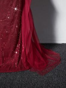 Viva Relle Plus Size Women Solid Color Sequin Contrast Mesh Ruffle Hem Slip Dress - Burgundy - View 5