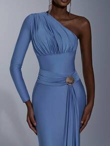 Elitara Elegant, Romantic, Fashionable, Slate Blue, Stretchy Knit Fabric, Asymmetric-Shoulder Long Sleeve, Metal Decor, Fishtail Hem, Trailing, Influencer, Holiday, Vacation, Birthday Party, Wedding Event, Bridesmaid Dress - Blue - View 6