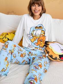 GARFIELD | SHEIN Bộ đồ ngủ tay dài cổ tròn họa tiết hoạt hình dễ thương dành cho nữ, mùa thu - trắng - Xem 1