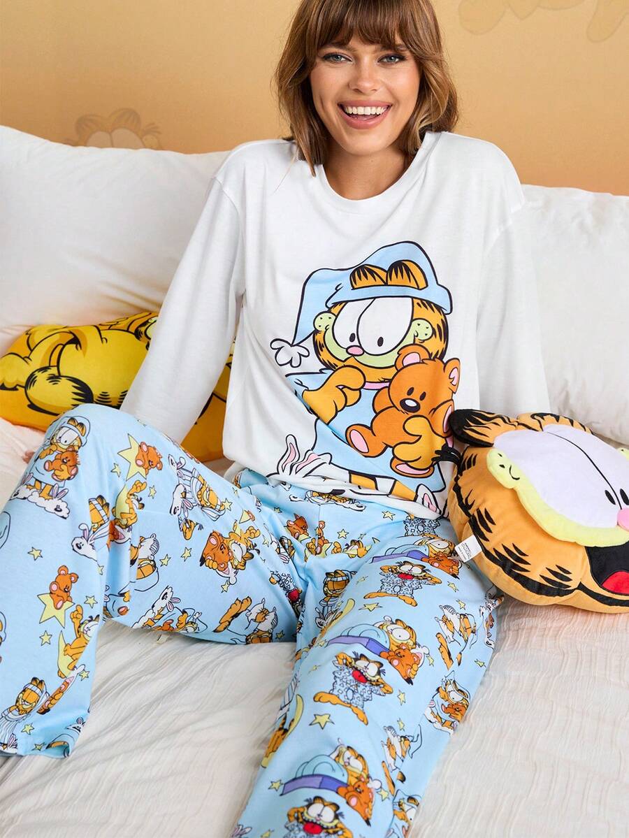 GARFIELD | SHEIN Bộ đồ ngủ tay dài cổ tròn họa tiết hoạt hình dễ thương dành cho nữ, mùa thu - trắng - Xem 1