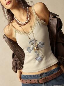 Bohemela Vintage American Style Cross & Graphic Lace Trim Fitted Knit Tank Top For Women