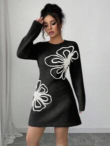 Elenzga Đầm len dài tay cổ tròn họa tiết hoa Colorblock dành cho nữ - màu đen - Xem 6