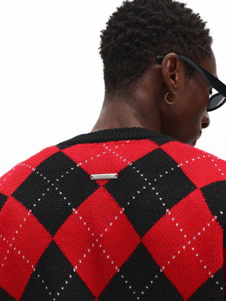 Argyle Diamond Pattern Crew Neck Knit Sweater