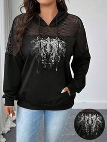 Elenzga Plus Size Women Casual Sports Patchwork Hollow Mesh Printed Sweatshirt - Black - View 1