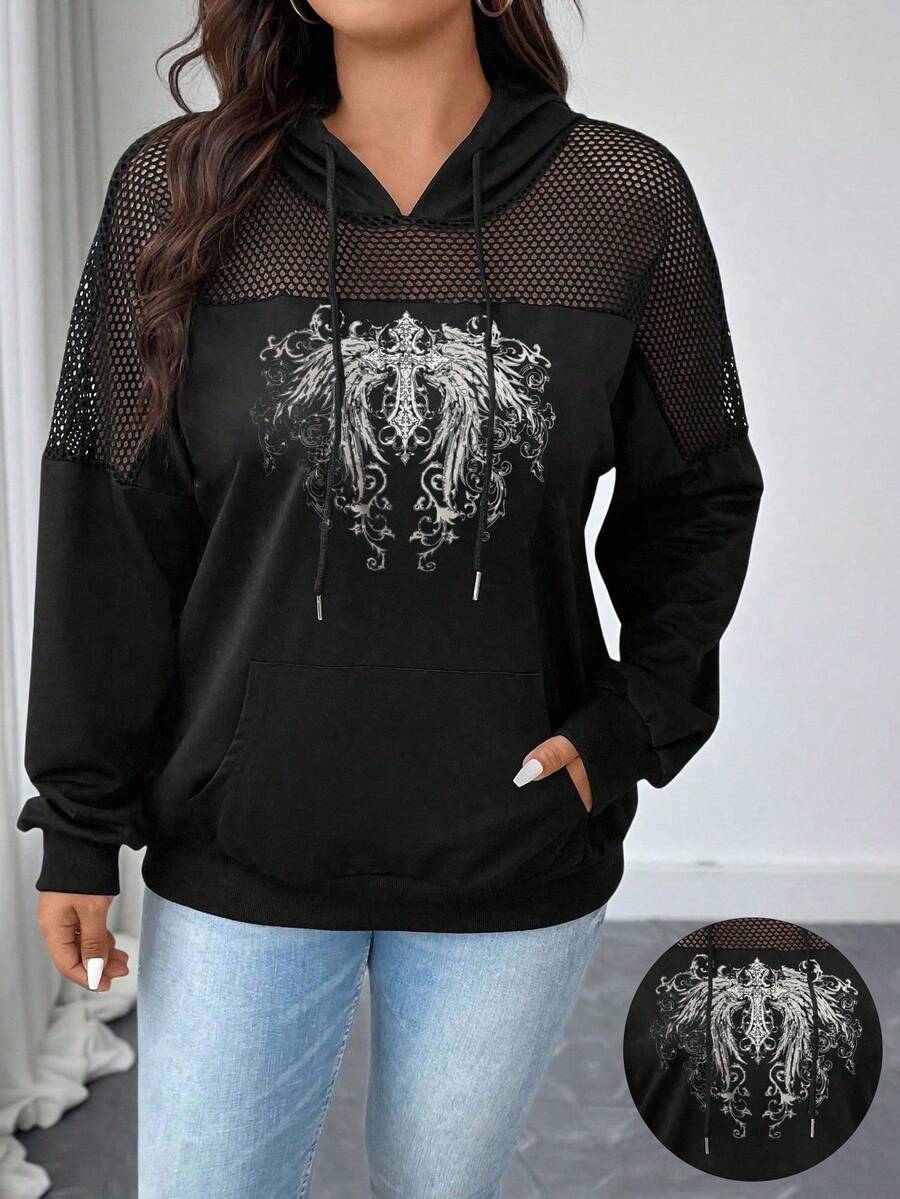 Elenzga Plus Size Women Casual Sports Patchwork Hollow Mesh Printed Sweatshirt - Black - View 1