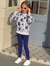Conjunto de 2 piezas de sudadera con estampado floral degradado y leggings acanalados para niña, de moda y lindo, apto para primavera y otoño