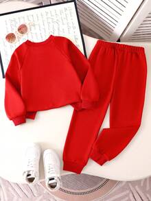 Elladie kids Conjunto de sudadera y pantalones de 2 piezas para niñas, cuello redondo, unicolor, manga raglán - Rojo - Ver 2