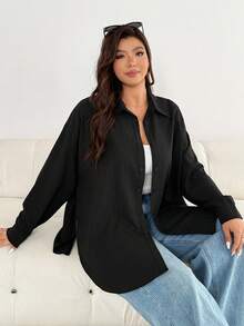 Shapeblank Plus Size Women's Apple-Shaped Body Autumn Black Smart Casual Button Shirt,Everyday Texture Fabric Loose Comfortable Versatile Simple Oversize Tops - Black - View 3