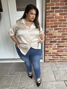 Enliva Camisa básica minimalista de estilo francés casual de satén color albaricoque con abertura frontal, adecuada para la oficina, el tránsito y el uso diario en talla grande