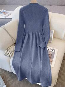 GlowEve 时尚高端别致圆领修身休闲长款开衫和针织中长连衣裙两件套，秋冬 - 藍色 - 查看 2