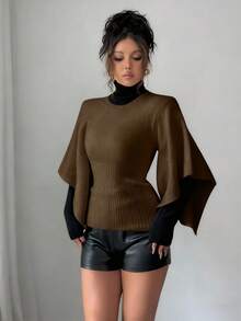 Elenzga Women's Elegant Solid Color Round Neck Belted Sweater - Chocolate Brown - View 5