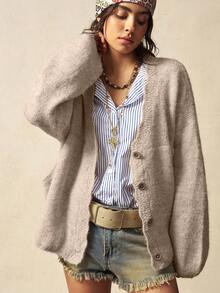 Bohemela Boho Autumn/Winter Outerwear, Women's Christmas Vintage Loose Solid Color Apricot Lace Front Button Casual Knit Oversized Fuzzy Cardigan, Western Country Style Concert Vacations, Suitable For Vacation & Daily Wear & Back To School & Going Outs, Christmas , New Year - Apricot - View 2