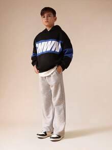 SUMWON Boys Oversized Pullover Hoodie With Color Block Design And Brand Logo Print Vacation - Black - View 3
