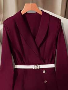 SHEIN Franclia Long Sleeve Blazer Style Dress With Side Slit, Elastic Waist And Metal Button Decor - Burgundy - View 5