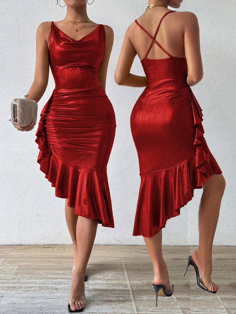 Rafferiza Solid Color Ruffle Decor A-Line Dress For New Year Holiday Party Clothes Maxi Women Outfit - Red - View 1