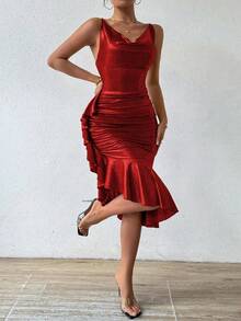 Rafferiza Solid Color Ruffle Decor A-Line Dress For New Year Holiday Party Clothes Maxi Women Outfit - Red - View 4