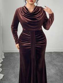 Modelyn 优雅天鹅绒垂坠领长袖修身常规加大码连衣裙，春秋季 - 棕色 - 查看 1