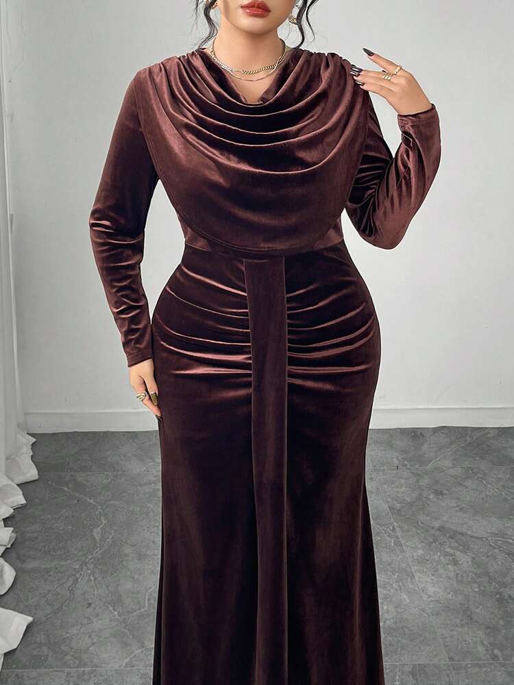 Modelyn Elegant Velvet Draped Neck Long Sleeve Fitted Regular Plus Size Dress, Spring/Autumn - Brown - View 1