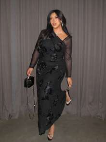 Firerie Plus Size Women's Elegant Minimalist Chic Fashion Basic Everyday Wear Ins Style Office Commute Influencer Music Festival Embroidered Stretch Mesh Asymmetrical Neck Ruched Bodycon Slim Fit Long Sleeve Maxi Dress/New Year - Black - View 3