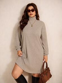 Elaquor Đầm suông rộng tay dài cổ cao trễ vai màu trơn cỡ lớn cho nữ, mùa thu - Màu Khaki - Xem 4