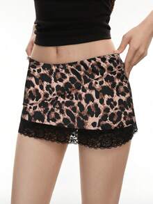 INAWLY Chân váy thường ngày họa tiết da báo phối ren dành cho nữ - Cà phê nâu - Xem 6