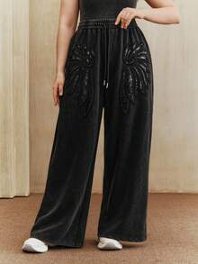 Anewsta Plus Size Women's Halloween Costume, Heavy Embroidery Snowflake Decor Drawstring Waist Black Sweatpants - Black - View 7