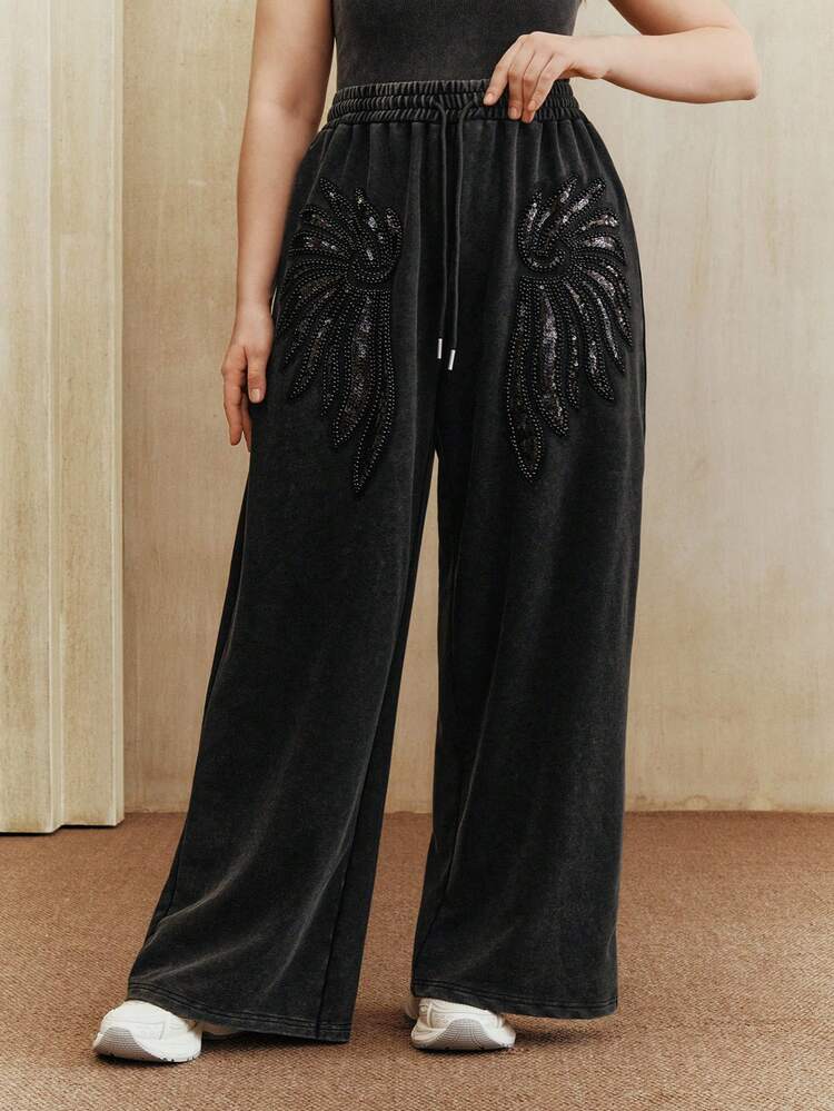 Plus Size Women's Halloween Costume, Heavy Embroidery Snowflake Decor Drawstring Waist Black Sweatpants