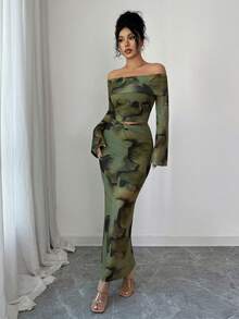 Rafferiza 1 pièce Ensemble jupe mi-longue avec taille torsadée et manches longues épaules dénudées, tenue sexy et élégante imprimée ajustée en deux pièces pour femmes - Vert - Voir 2