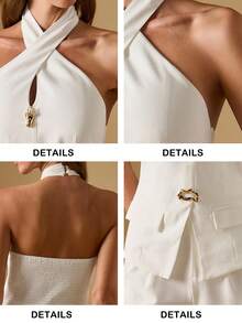 Briarwyn 女士休闲纯色露背吊带金属扣装饰上衣，优雅女士衬衫，白色衬衫，秋季女士复古风格，圣诞节女士衬衫 - 白色 - 查看 9