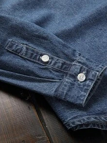 Manfinity Homme Men Cotton Flap Pocket Oversize Long Sleeve Button Up Plain Blue Denim Shirt Without Tee, For Going Out Going Out Work Commute Vacation Commute , Fall