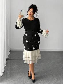 Elenzga Plus Size Women Elegant Mermaid Hem Round Neck Long Sleeve Beaded Decor Fitted Dress, Autumn/Winter