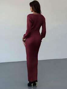 Aloruh 优雅深V领修腰长款毛衣裙，休闲通勤风格，秋冬 - 紅色 - 查看 2